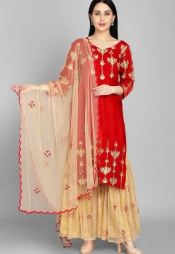 Embellished Velvet Pakistani Suit in Red