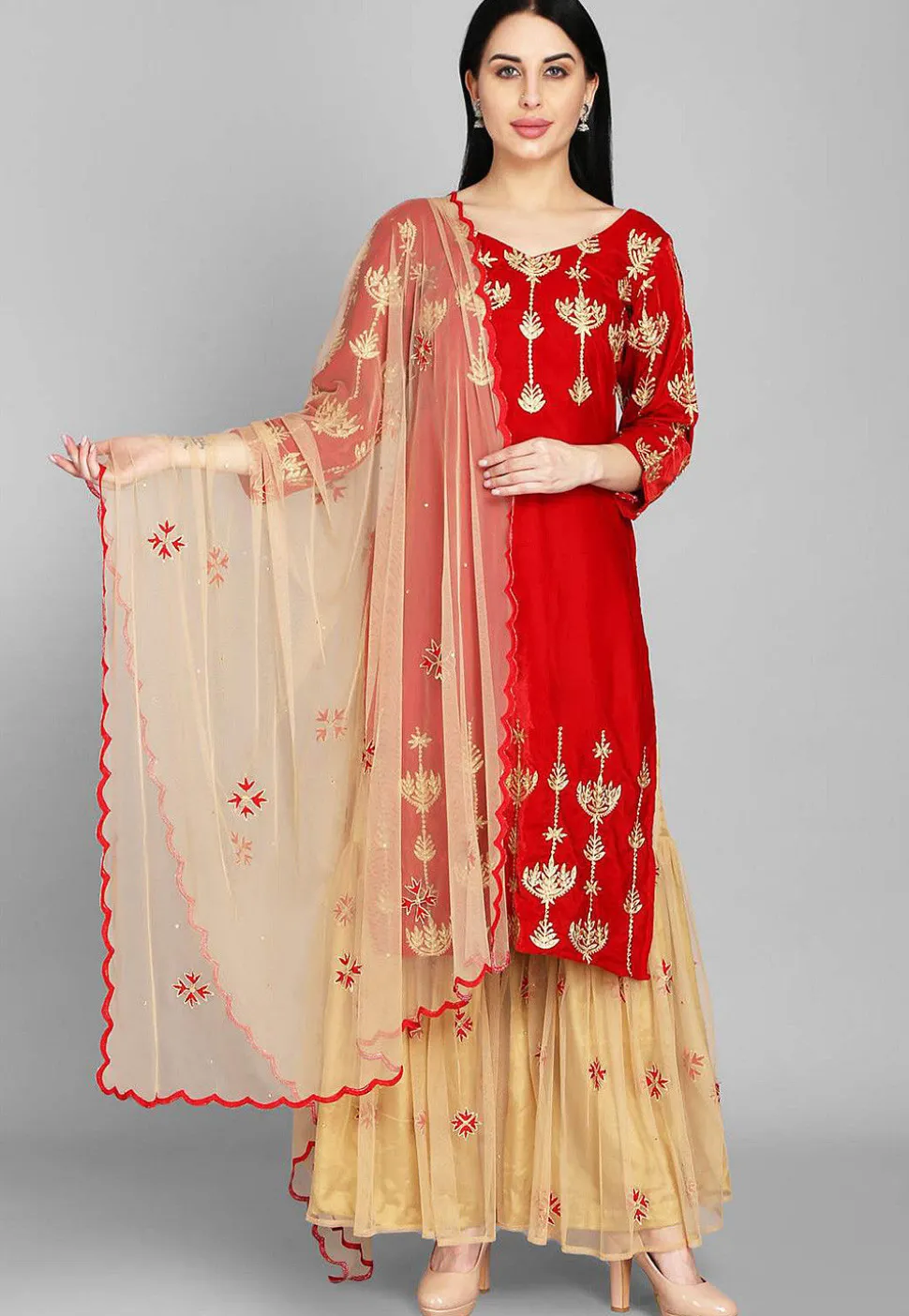Embellished Velvet Pakistani Suit in Red
