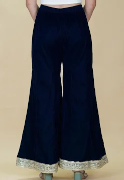 Embellished Velvet Palazzo in Dark Blue