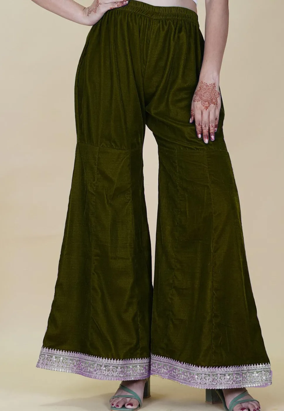 Embellished Velvet Palazzo in Olive Green