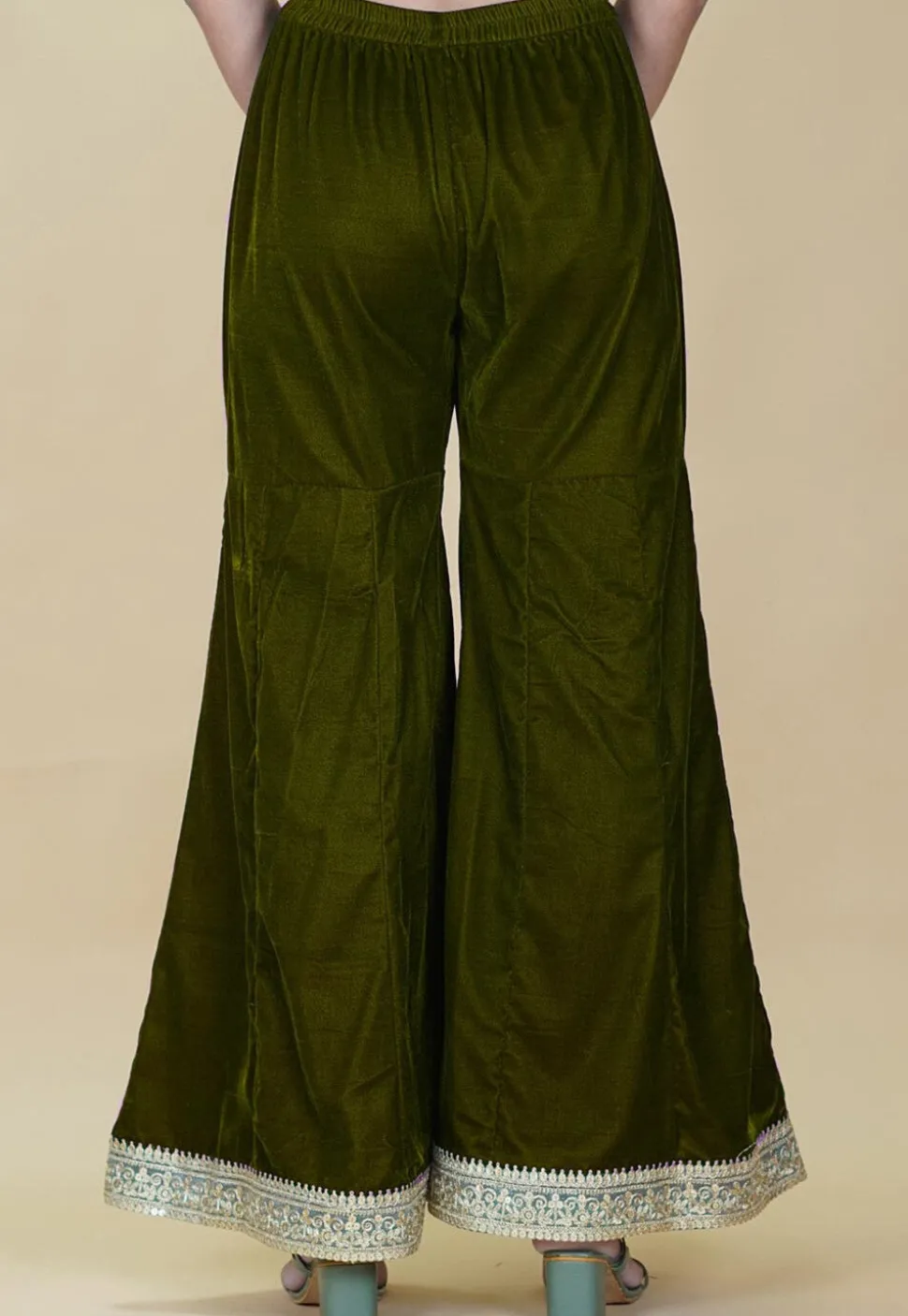 Embellished Velvet Palazzo in Olive Green