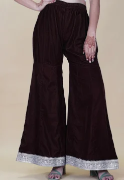 Embellished Velvet Palazzo in Dark Brown