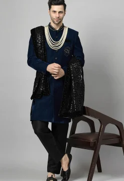 Embellished Velvet Sherwani in Teal Blue