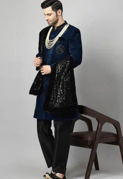 Embellished Velvet Sherwani in Teal Blue