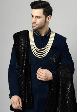 Embellished Velvet Sherwani in Teal Blue