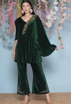 Embellished Velvet Tunic Set in Green