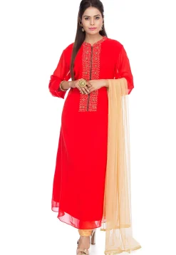 Embellished Viscose Georgette Straight Suit in Red