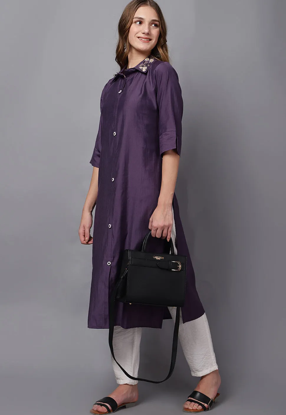 Embellished Viscose silk Straight Kurta in Purple