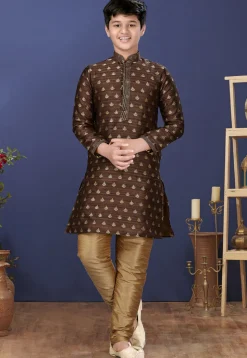 Emboidered Art Dupion Silk Kurta Set in Dark Brown