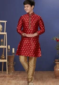 Emboidered Art Dupion Silk Kurta Set in Red