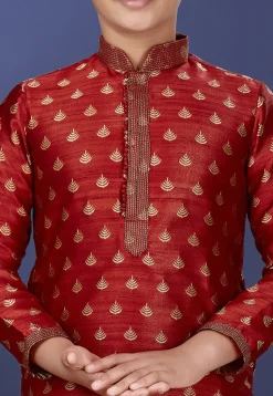 Emboidered Art Dupion Silk Kurta Set in Red