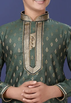Emboidered Neckline Art Silk Jacquard Kurta Set in Dark Green