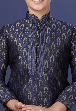 Emboidered Neckline Art Silk Jacquard Kurta Set in Dark Blue