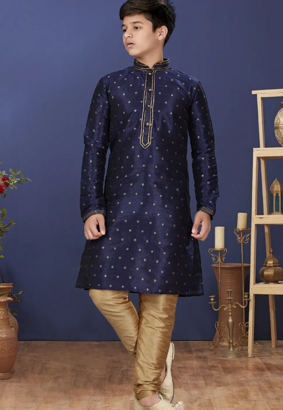 Emboidered Neckline Art Silk Jacquard Kurta Set in Navy Blue