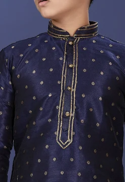 Emboidered Neckline Art Silk Jacquard Kurta Set in Navy Blue