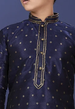 Emboidered Neckline Art Silk Jacquard Kurta Set in Navy Blue