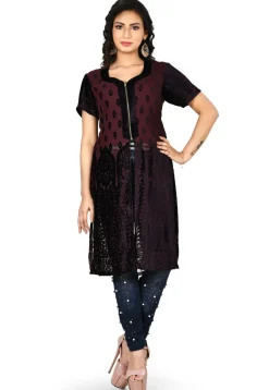 Embossed Net Brasso Kurti in Dark Brown