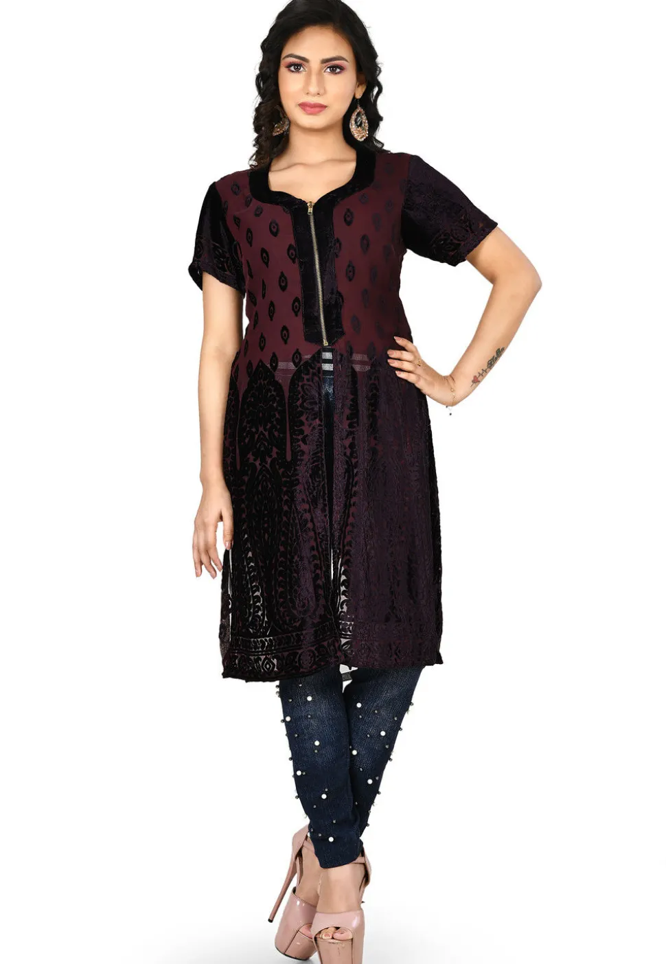 Embossed Net Brasso Kurti in Dark Brown