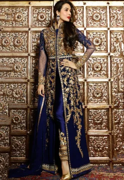 Embroidered Abaya Style Front Slit Georgette Suit in Navy Blue