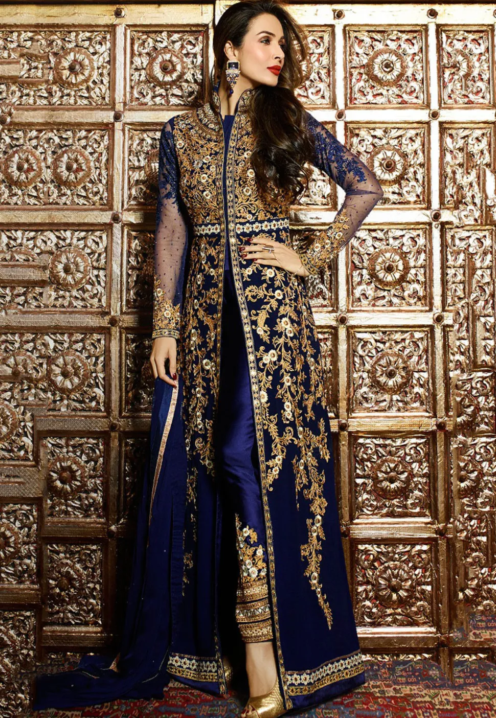 Embroidered Abaya Style Front Slit Georgette Suit in Navy Blue