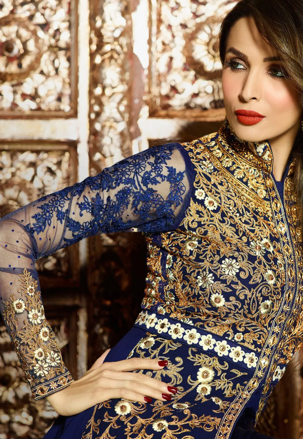 Embroidered Abaya Style Front Slit Georgette Suit in Navy Blue