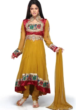 Embroidered Anarkali Asymmetric Net Suit In Mustard And Red