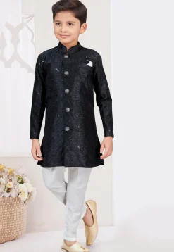 Embroidered Art Banarasi Silk Sherwani in Black