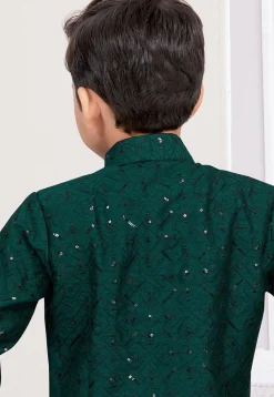 Embroidered Art Banarasi Silk Layered Sherwani in Dark Green