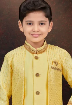Embroidered Art Banarasi Silk Layered Sherwani in Yellow