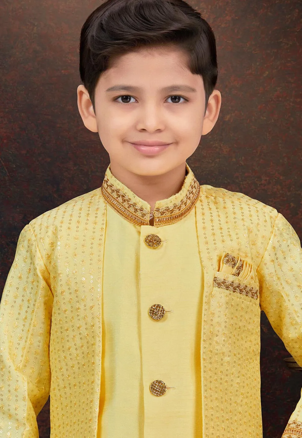 Embroidered Art Banarasi Silk Layered Sherwani in Yellow