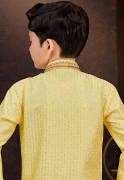 Embroidered Art Banarasi Silk Layered Sherwani in Yellow