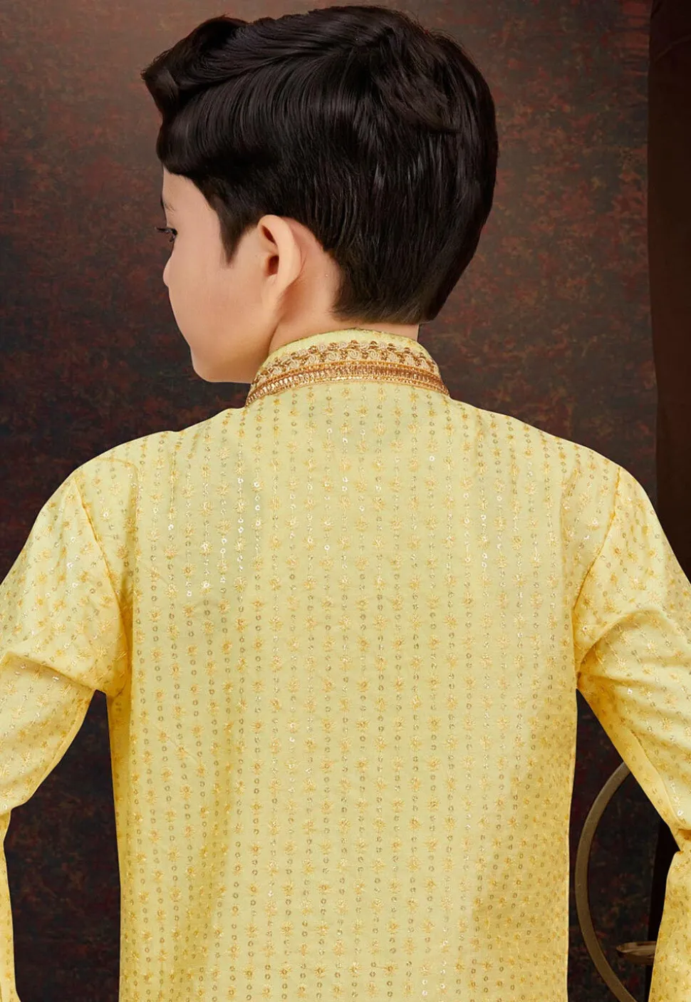Embroidered Art Banarasi Silk Layered Sherwani in Yellow