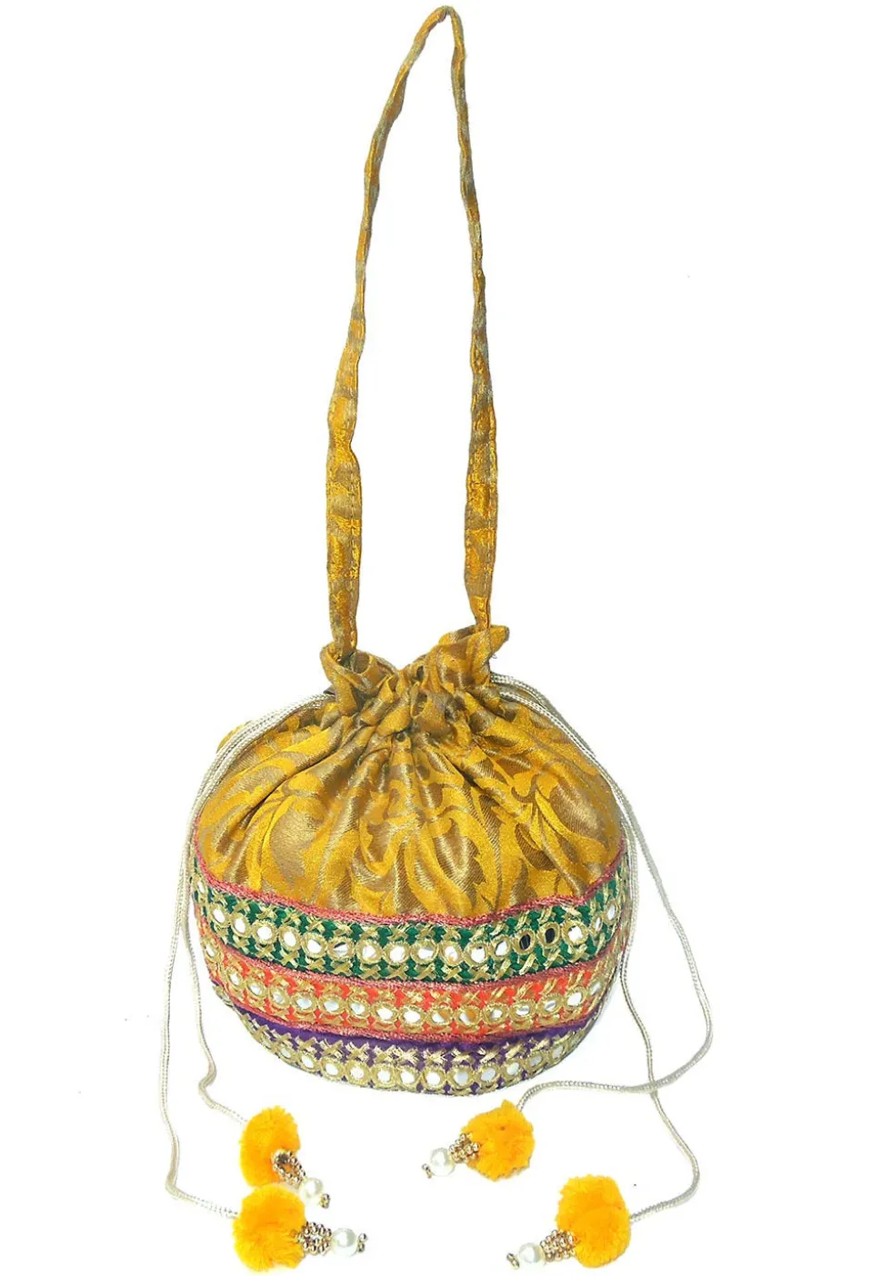 Embroidered Art Banarasi Silk Potli Bag in Mustard and Multicolor