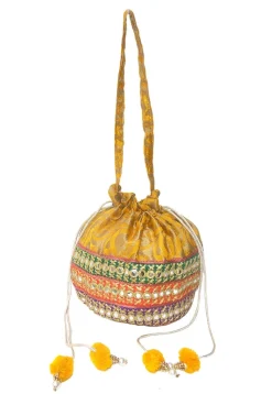 Embroidered Art Banarasi Silk Potli Bag in Mustard and Multicolor