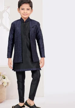 Embroidered Art Banarasi Silk Layered Sherwani in Black and Navy Blue