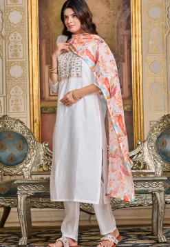 Embroidered Art Chanderi Silk Pakistani Suit in Off White