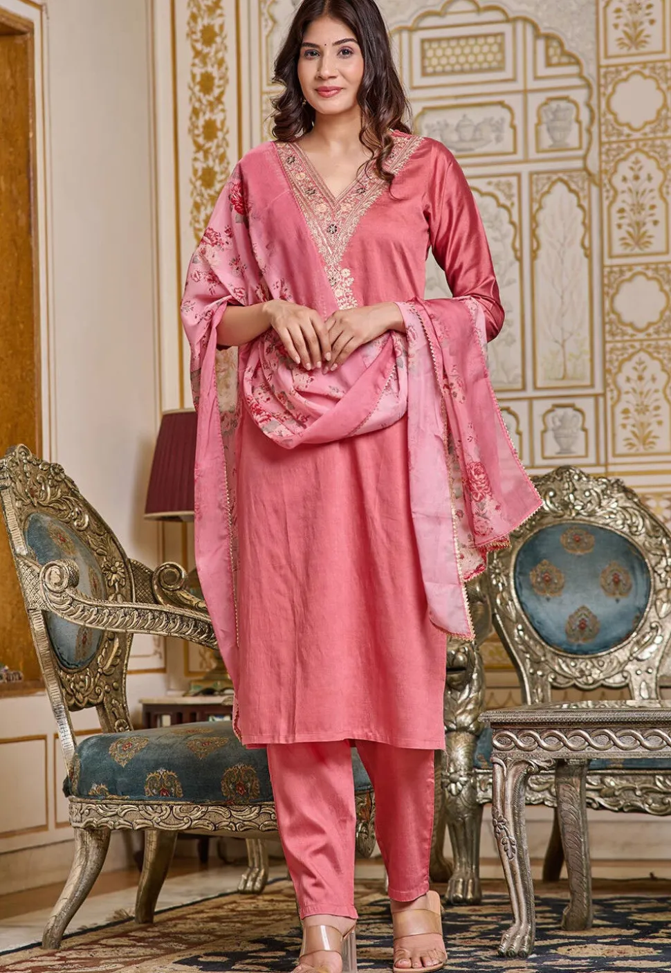 Embroidered Art Chanderi Silk Pakistani Suit in Pink