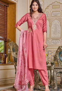 Embroidered Art Chanderi Silk Pakistani Suit in Pink