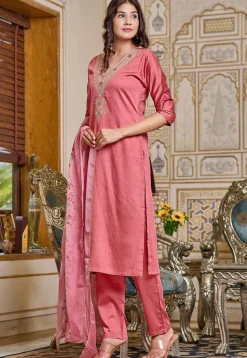 Embroidered Art Chanderi Silk Pakistani Suit in Pink