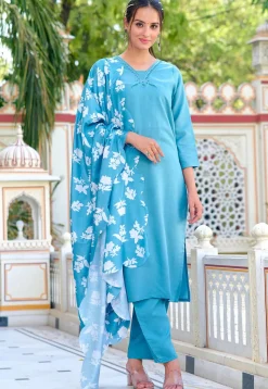 Embroidered Art Chanderi Silk Pakistani Suit in Sky Blue