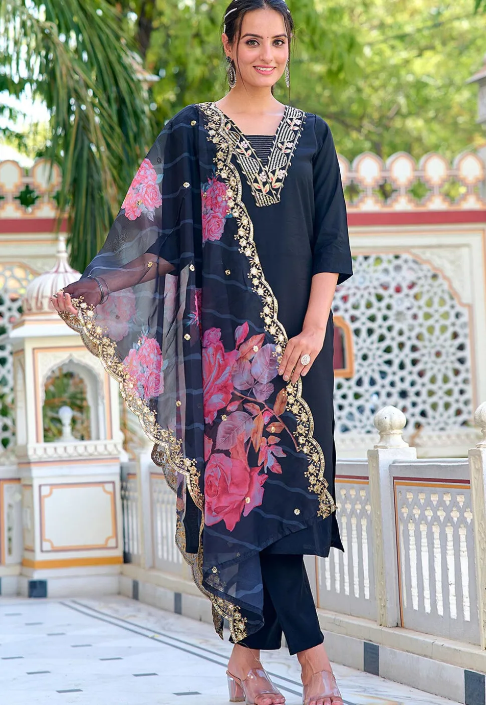 Embroidered Art Chanderi Silk Pakistani Suit in Black