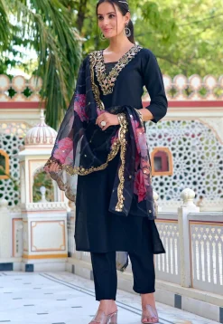 Embroidered Art Chanderi Silk Pakistani Suit in Black