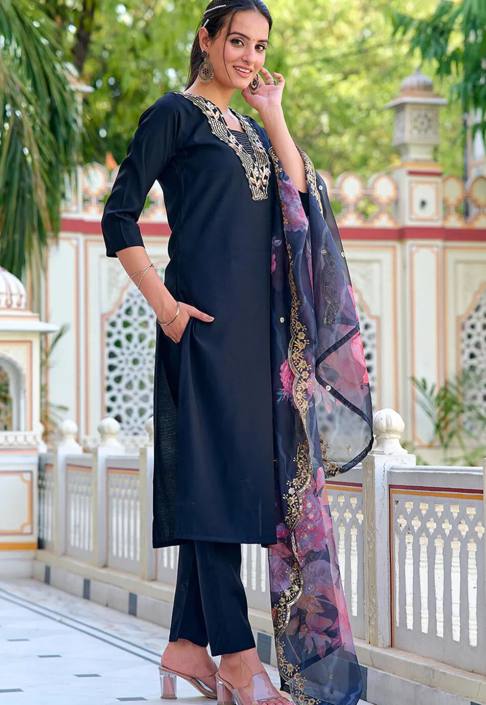 Embroidered Art Chanderi Silk Pakistani Suit in Black