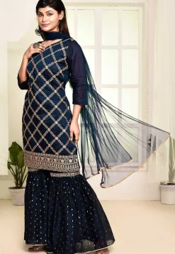 Embroidered Art Chandrei Silk Pakistani Suit in Navy Blue