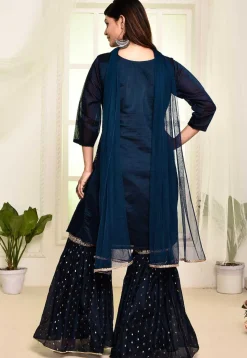 Embroidered Art Chandrei Silk Pakistani Suit in Navy Blue