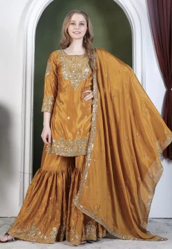 Embroidered Art Chinon Silk Pakistani Suit in Mustard