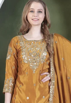 Embroidered Art Chinon Silk Pakistani Suit in Mustard