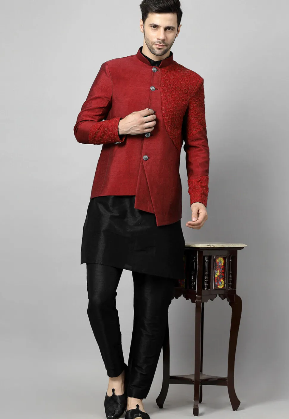 Embroidered Art Dupion Silk Jodhpuri Suit in Maroon and Black