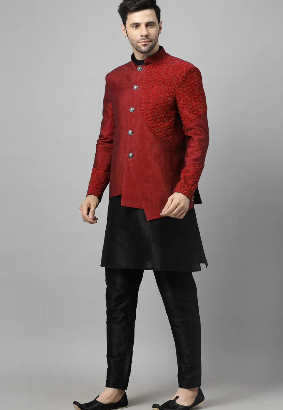 Embroidered Art Dupion Silk Jodhpuri Suit in Maroon and Black