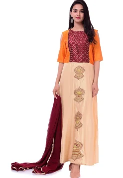 Embroidered Art Dupion Silk Abaya Style Suit in Beige and Orange